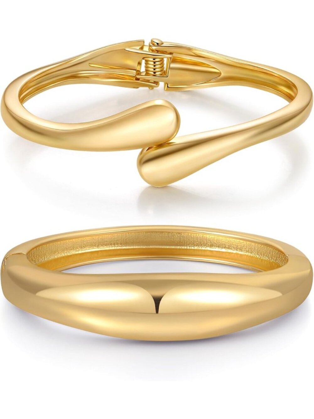 Trendy 2Pcs Gold Bangle Bracelets for Women - 14K Plated Wide Chunky Cuffs